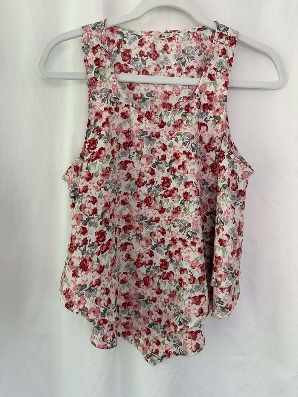 Hollister Women's Tank Top Pink and Grey Floral Tiered Asymmetrical Swing Top